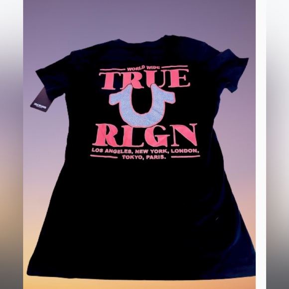 True Religion Women GLITTER WORLD WIDE LOGO TEE XS NWT Black/Orange - Picture 8 of 10